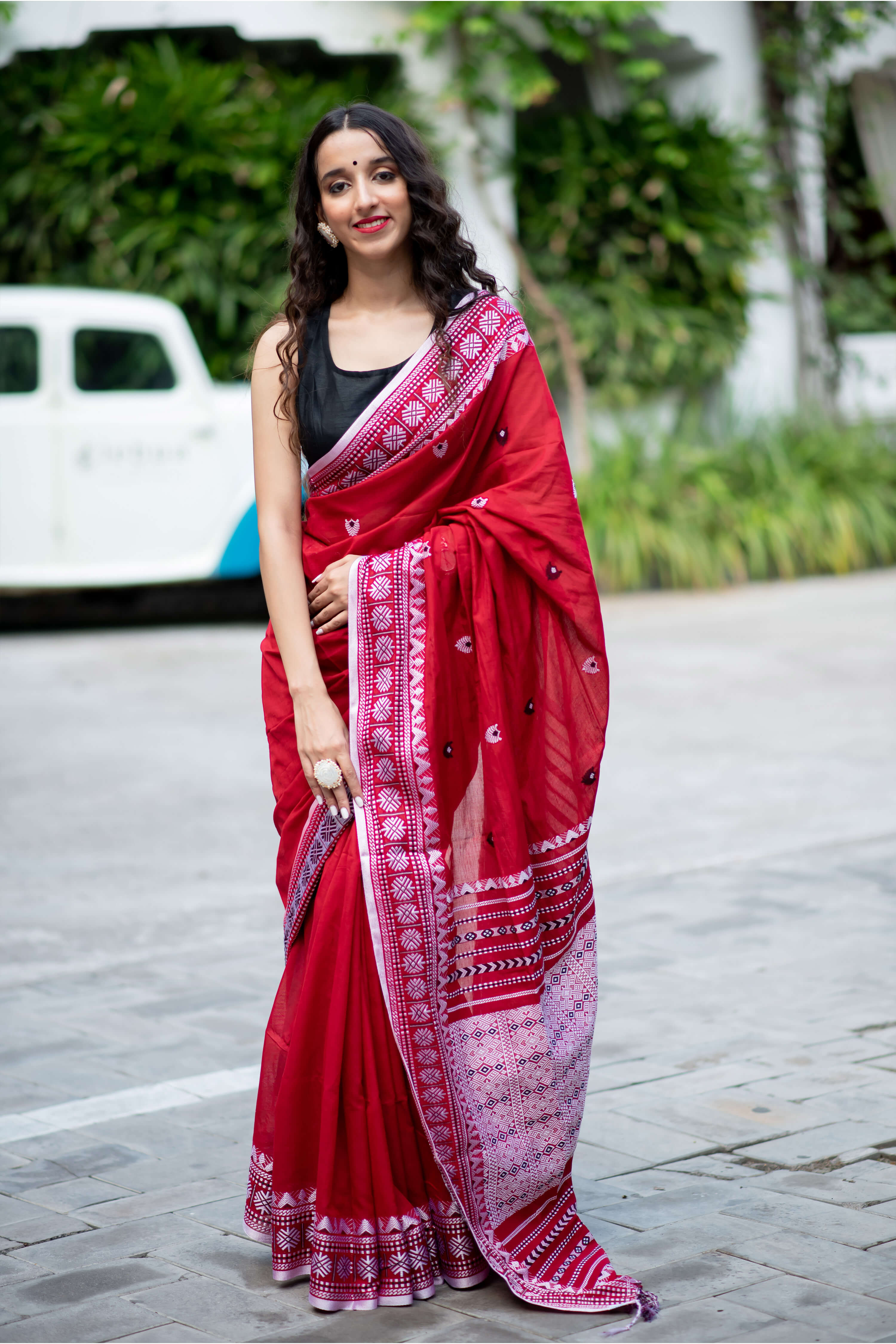   Vital Red Cotton Handwoven Saree Prasam Crafts