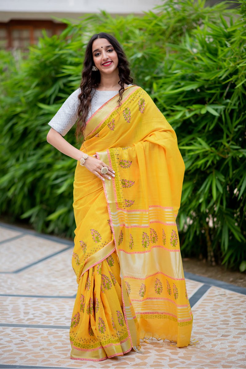 Sun Shine Pride Cotton handblock print Saree Prasamcrafts Handcrafted Festive Workwear Dailywear