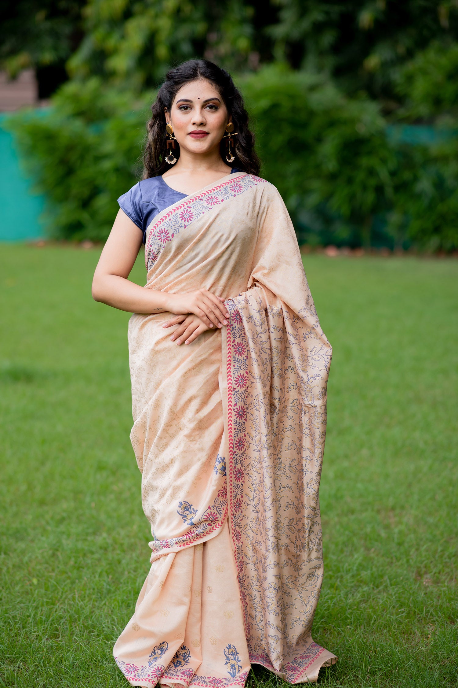 Cream Foliage Chanderi Handblock Print Saree Prasamcrafts Handcrafted Festive Workwear Dailywear