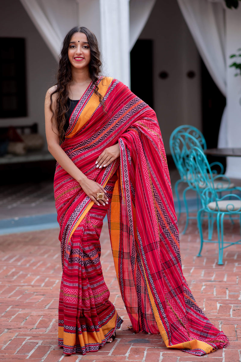Crimson Color Clash Cotton Handwoven Saree Prasamcrafts Handcrafted Festive Workwear Dailywear