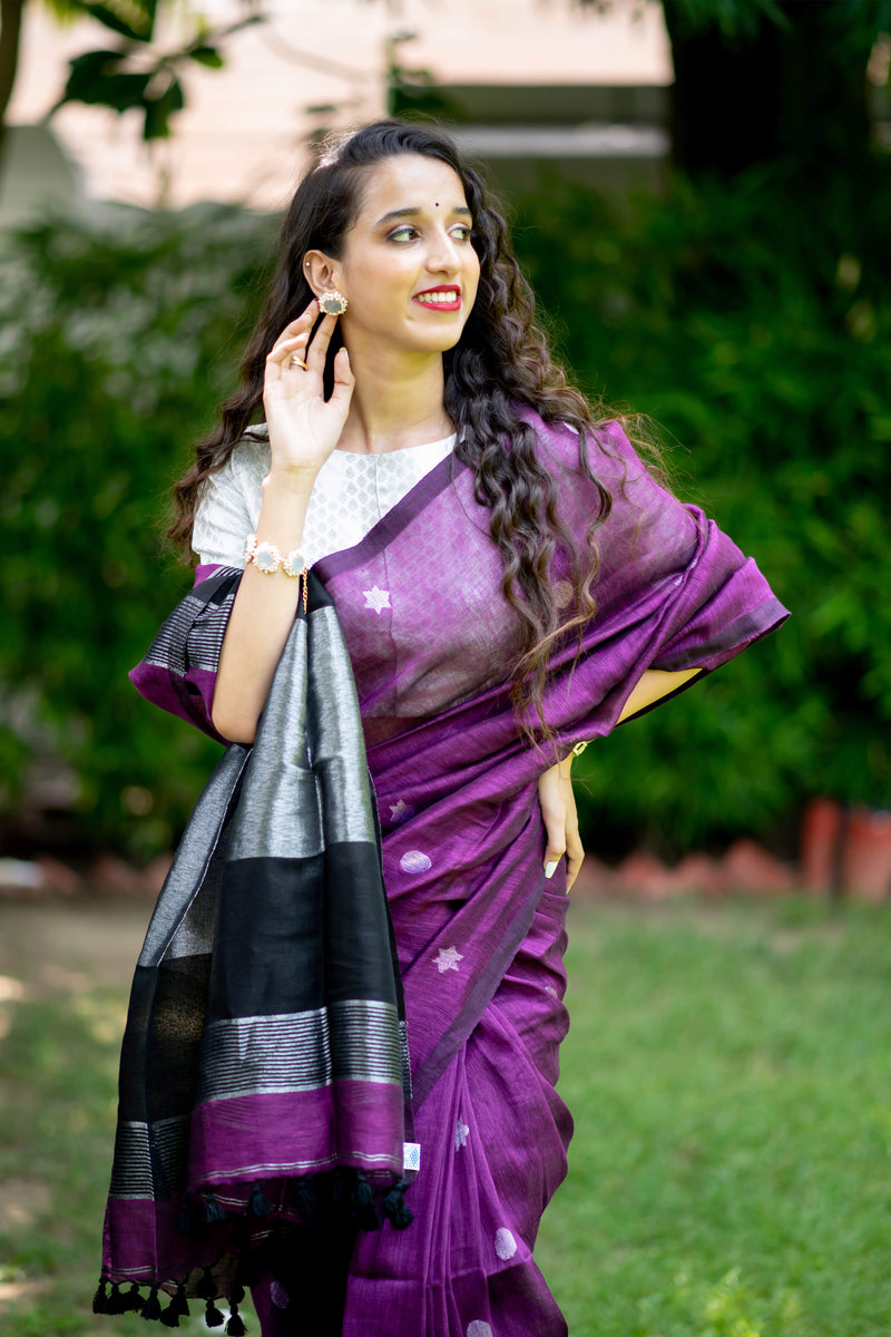 Purple Poem Linen Jamdani weave Handwoven Saree Prasamcrafts Handcrafted Festive Workwear Dailywear