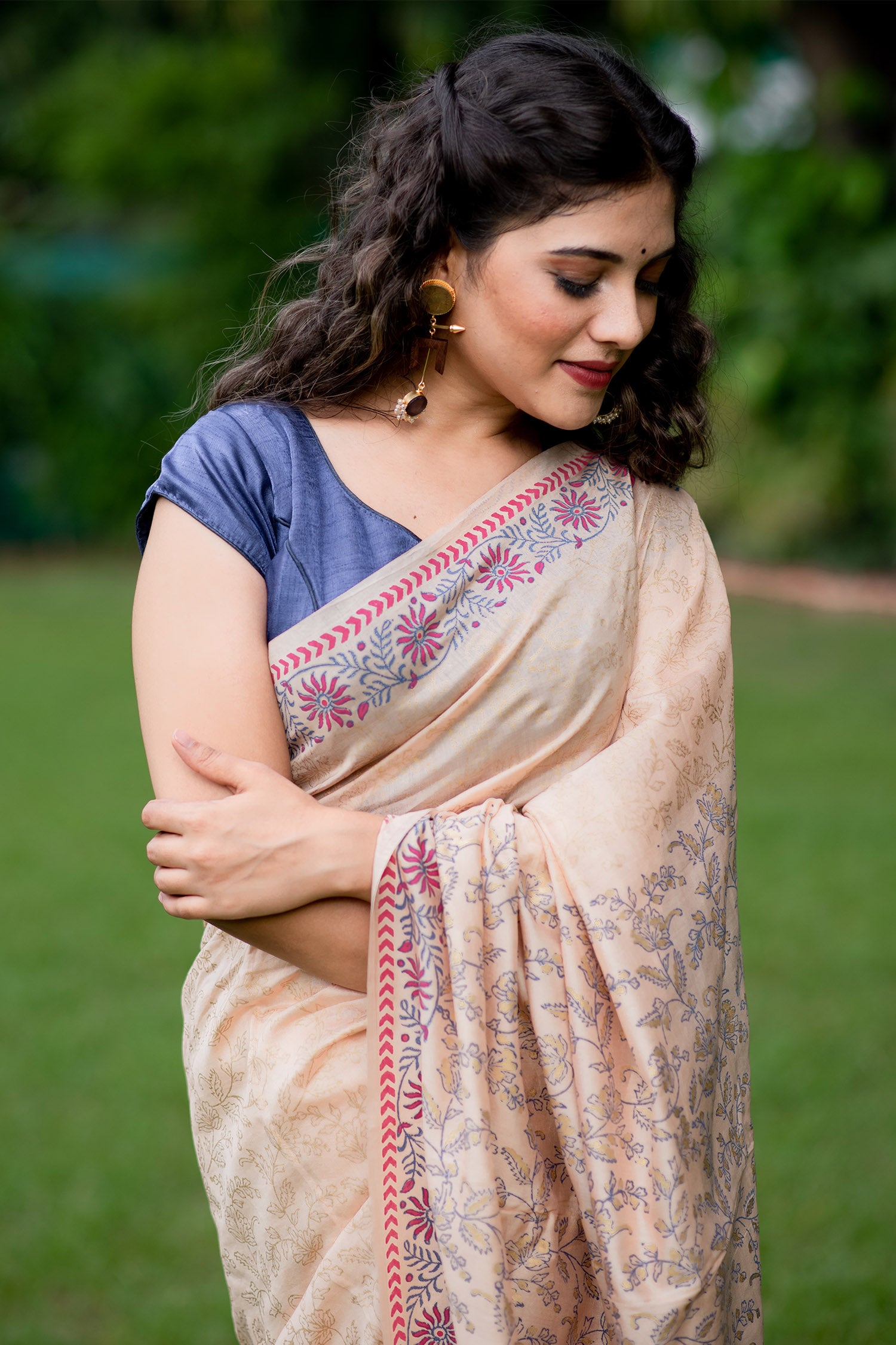 Cream Foliage Chanderi Handblock Print Saree Prasamcrafts Handcrafted Festive Workwear Dailywear