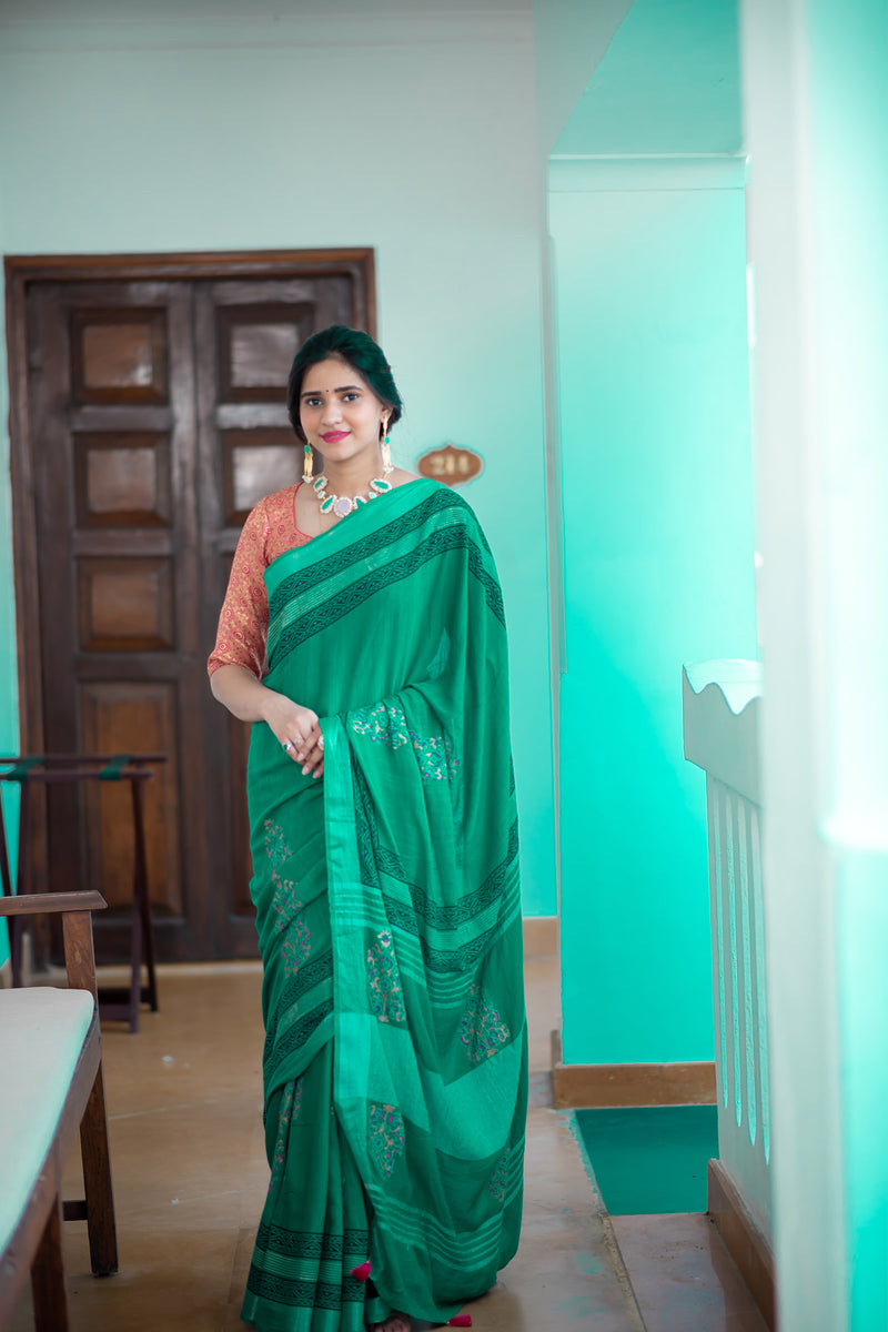 Teal Spirit, cotton saree, hand block print saree, stylish saree, comfortable attire, Indian ethnic wear, intricate hand block prints, trendy fashion. Prasam Crafts