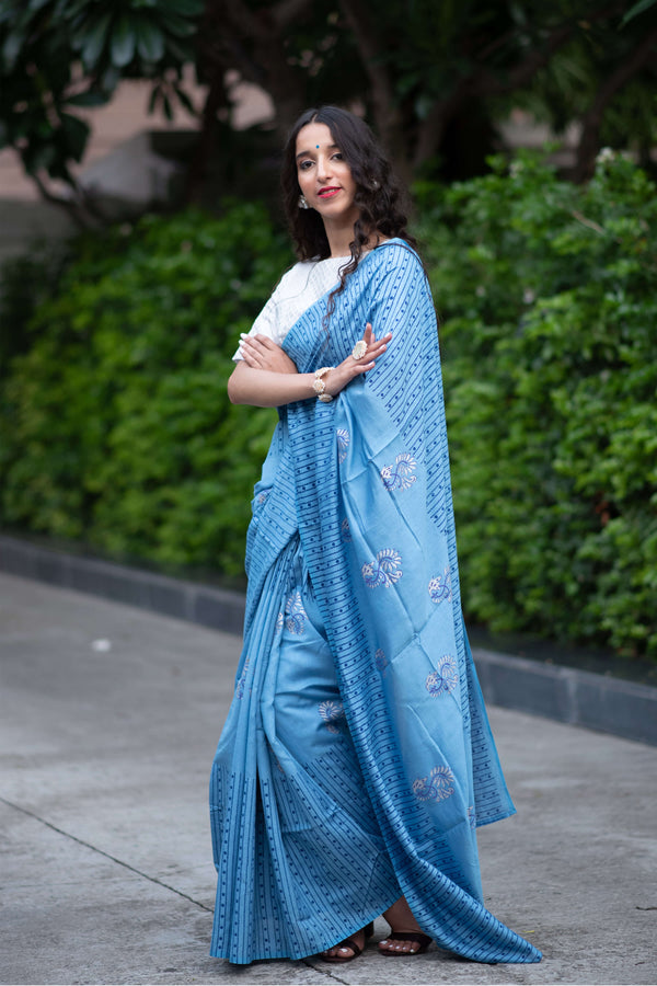 Stacked Drape Silk Modal handblock print Saree Prasamcrafts Handcrafted Festivewear