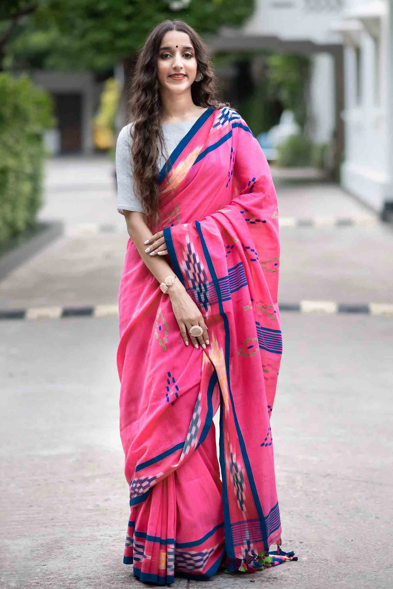 Painting Pink Cotton Ikat Handwoven Saree Prasamcrafts Handcrafted Festive Workwear Dailywear
