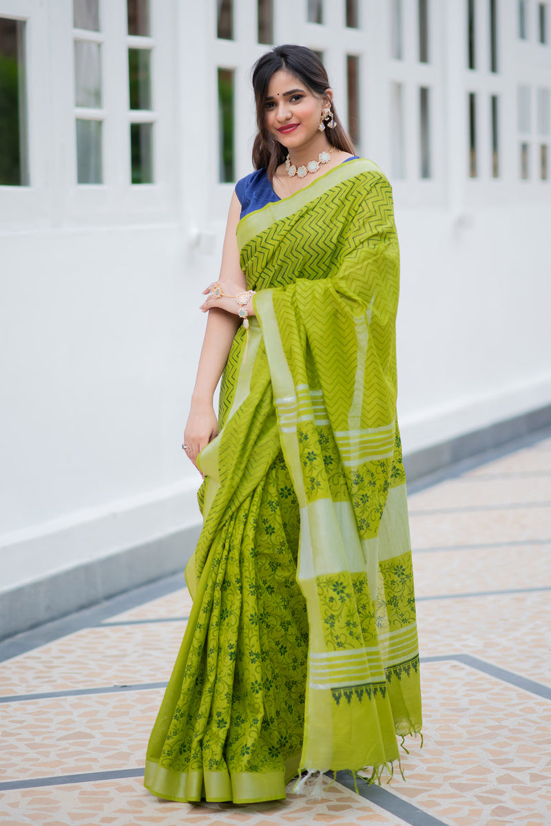 Lime Gush Cotton handblock print Saree Prasamcrafts Handcrafted Festive Workwear Dailywear
