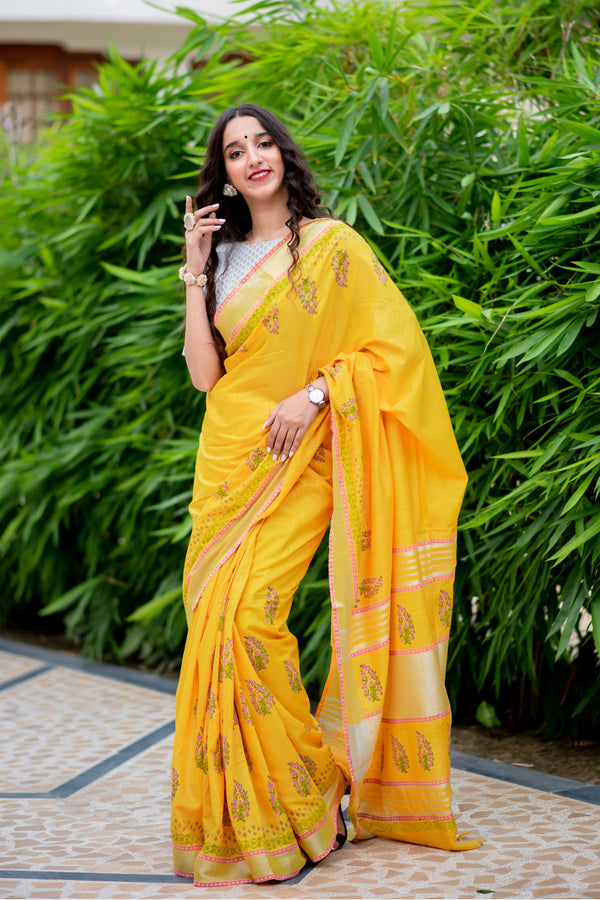 Sun Shine Pride Cotton handblock print Saree Prasamcrafts Handcrafted Festive Workwear Dailywear