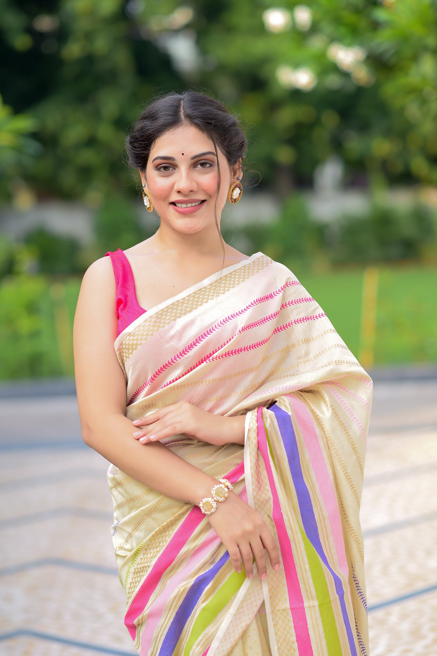 Sweet Stripes Chanderi Handblock Print Saree Prasamcrafts Handcrafted Festive Workwear Dailywear