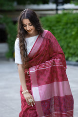 Melodic Maroon Cotton handblock print Saree Prasamcrafts Handcrafted Festive Workwear Dailywear