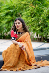 Summer Sunset Linen Handblock print Saree Prasamcrafts Handcrafted Festive Workwear Dailywear