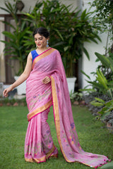 Hearty Pink Linen Jamdani weave Handwoven Saree Prasamcrafts Handcrafted Festive Workwear Dailywear