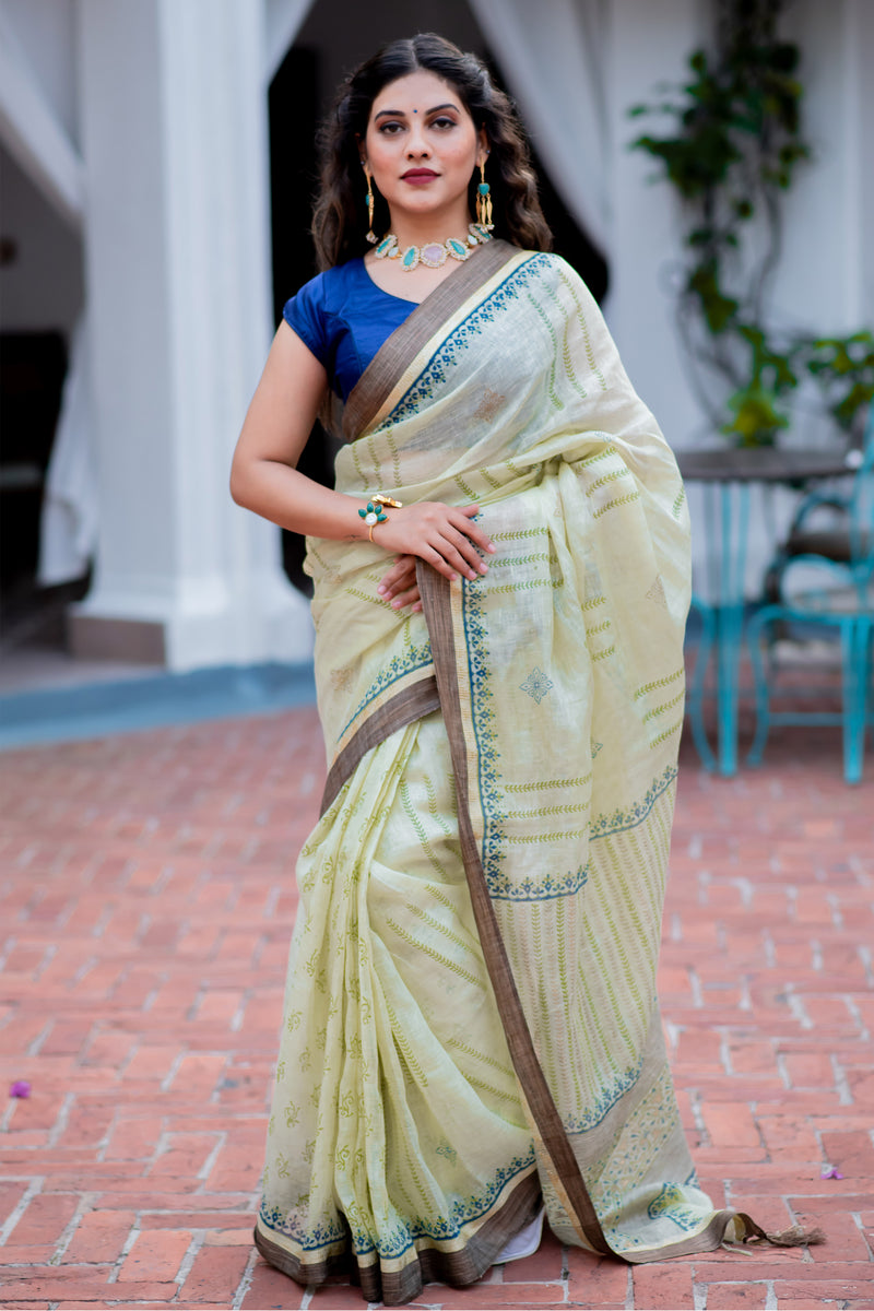 Muted Glory Linen Handblock print Saree Prasamcrafts Handcrafted Festive Workwear Dailywear