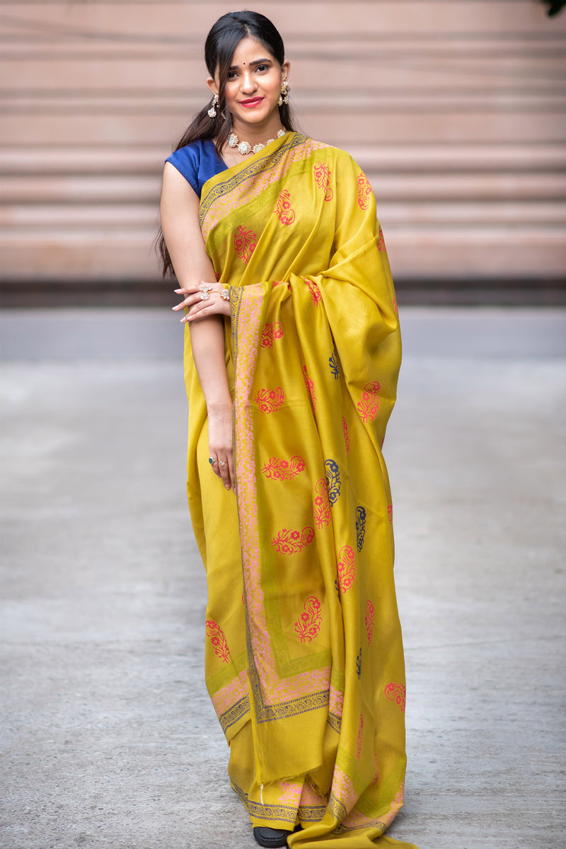 Ethreal Solace Chanderi Handblock Print Saree Prasamcrafts Handcrafted Festive Workwear Dailywear