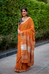 Cinnamon Light Cotton handblock print Saree Prasamcrafts Handcrafted Festive Workwear Dailywear