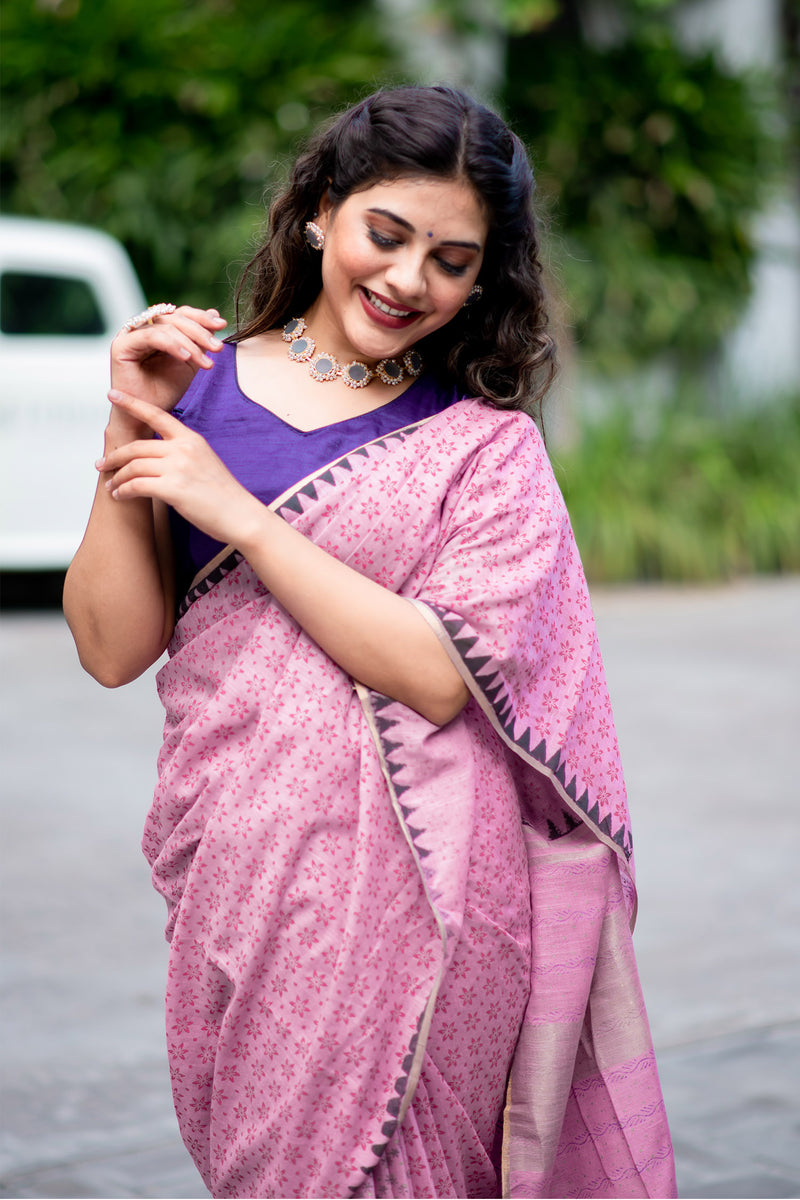 Lavender Landscape Cotton handblock print Saree Prasamcrafts Handcrafted Festive Workwear Dailywear