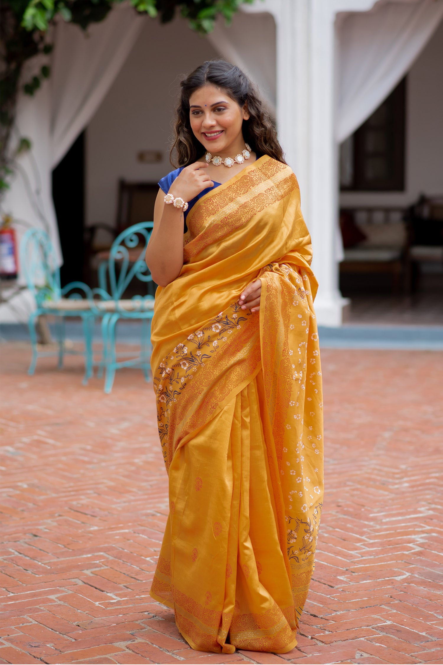 Amber Florals Chanderi Handblock print Saree Prasamcrafts Handcrafted Festive Workwear Dailywear