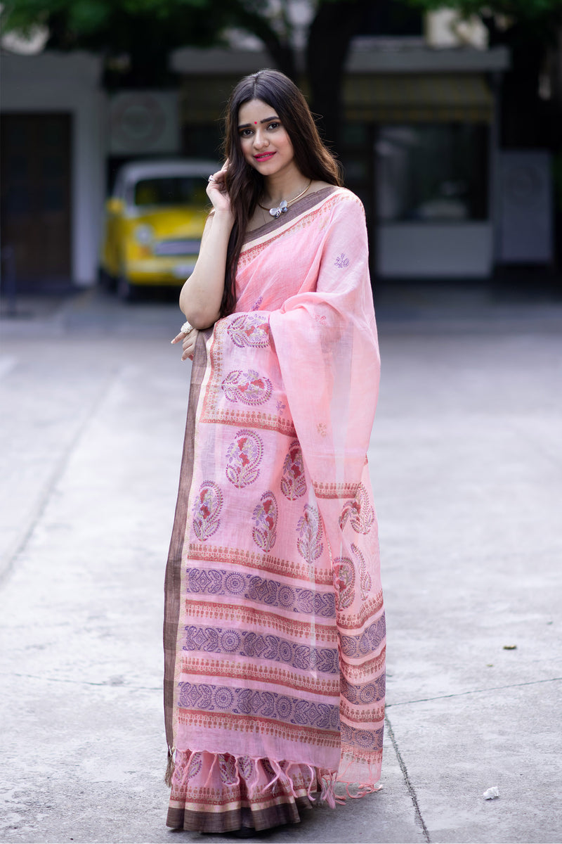 Gentle Jazz Linen handblock print Saree Prasamcrafts Handcrafted Festive Workwear Dailywear