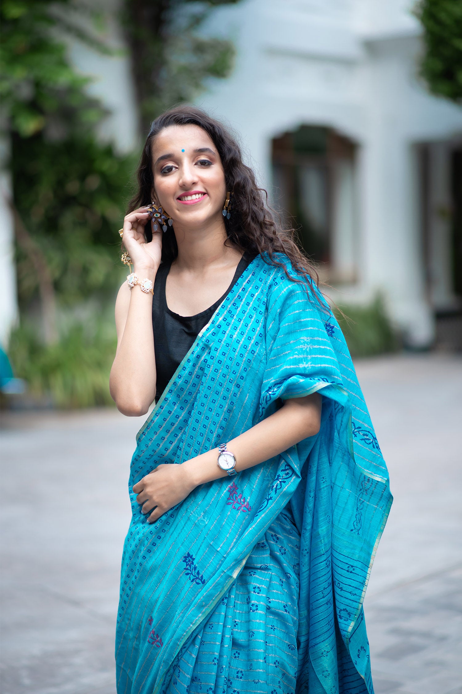 Patterned Sky Cotton handblock print Saree Prasamcrafts Handcrafted Festive Workwear Dailywear