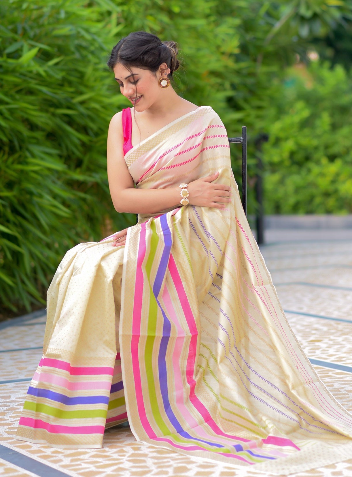 Sweet Stripes Chanderi Handblock Print Saree Prasamcrafts Handcrafted Festive Workwear Dailywear