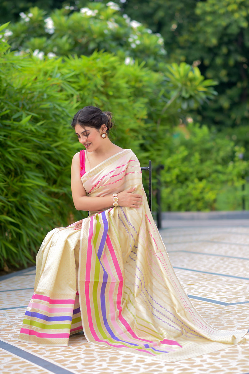 Sweet Stripes Chanderi Handblock Print Saree Prasamcrafts Handcrafted Festive Workwear Dailywear