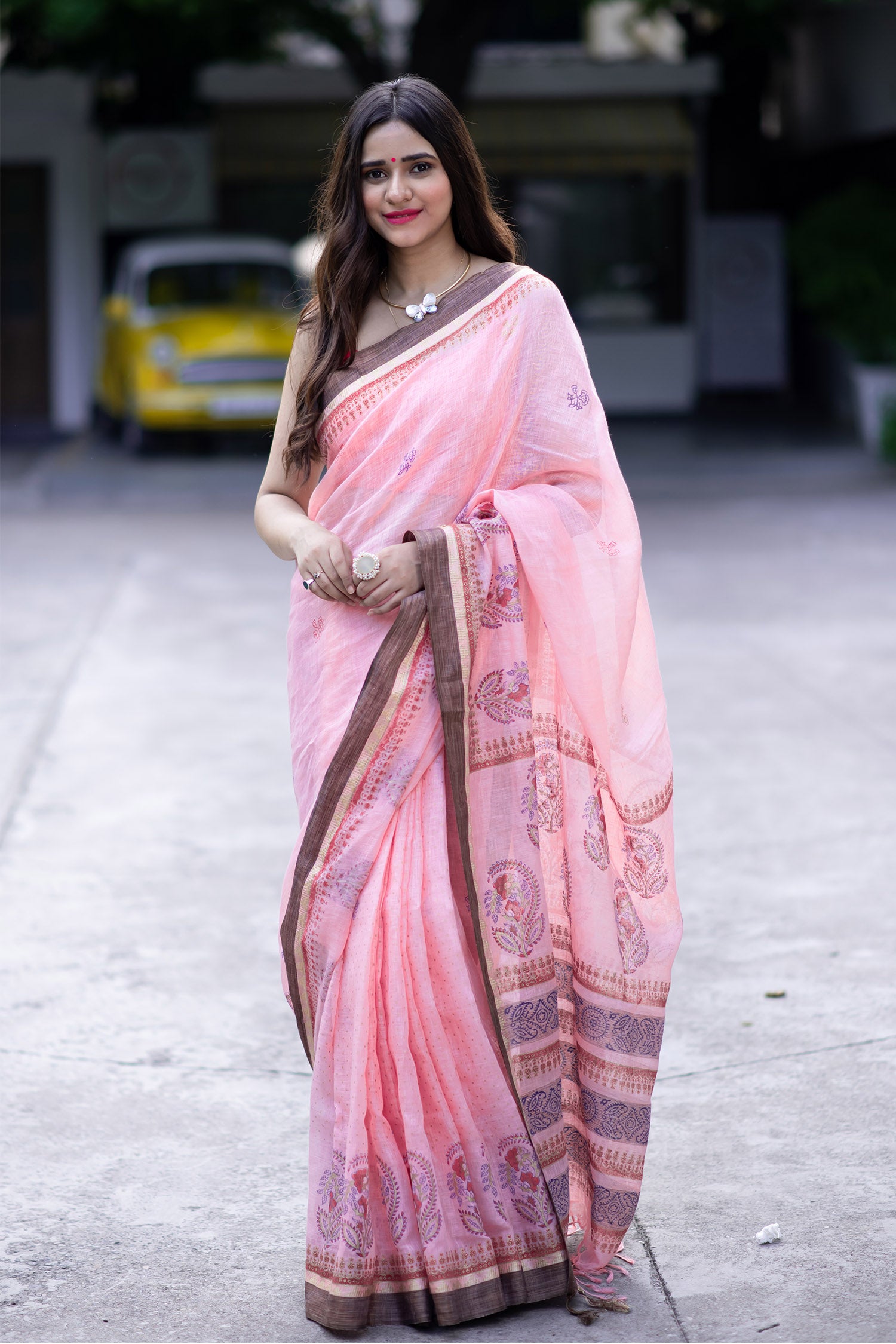 Gentle Jazz Linen handblock print Saree Prasamcrafts Handcrafted Festive Workwear Dailywear