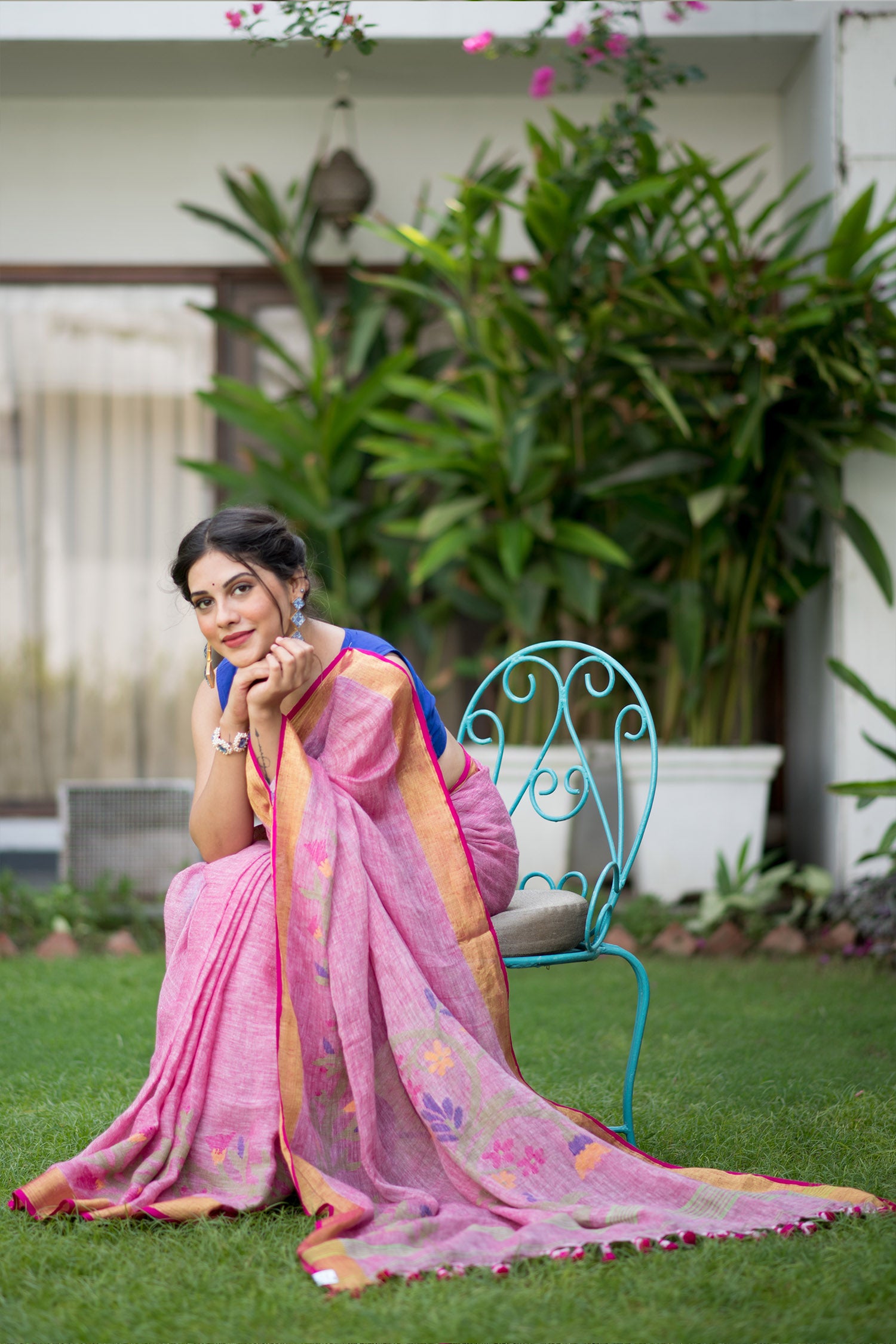 Hearty Pink Linen Jamdani weave Handwoven Saree Prasamcrafts Handcrafted Festive Workwear Dailywear