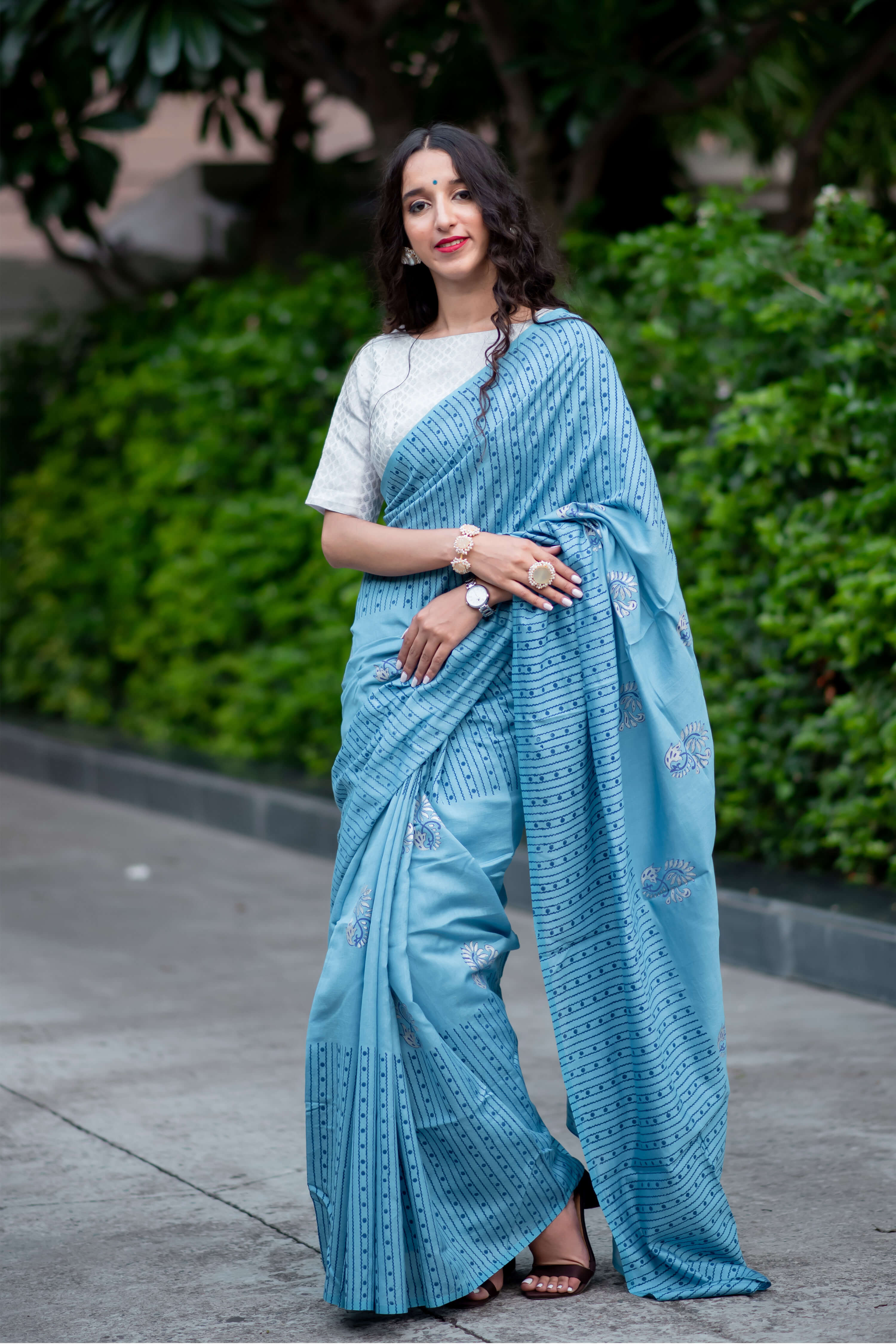 Stacked Drape Silk Modal handblock print Saree Prasamcrafts Handcrafted Festivewear