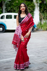   Vital Red Cotton Handwoven Saree Prasam Crafts