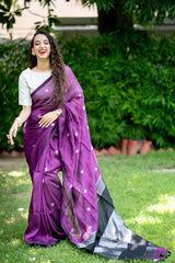 Purple Poem Linen Jamdani weave Handwoven Saree Prasamcrafts Handcrafted Festive Workwear Dailywear
