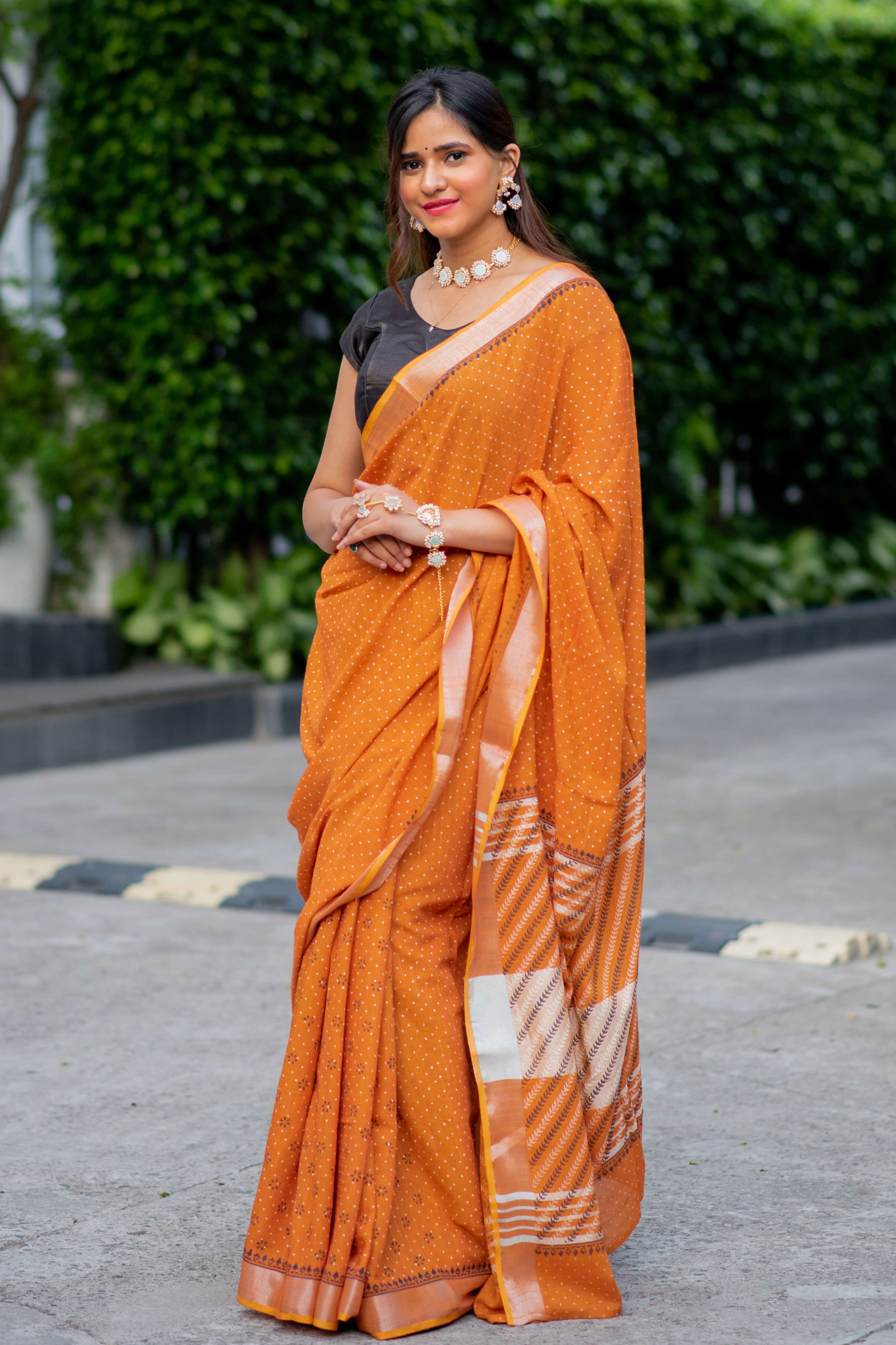 Cinnamon Light Cotton handblock print Saree Prasamcrafts Handcrafted Festive Workwear Dailywear