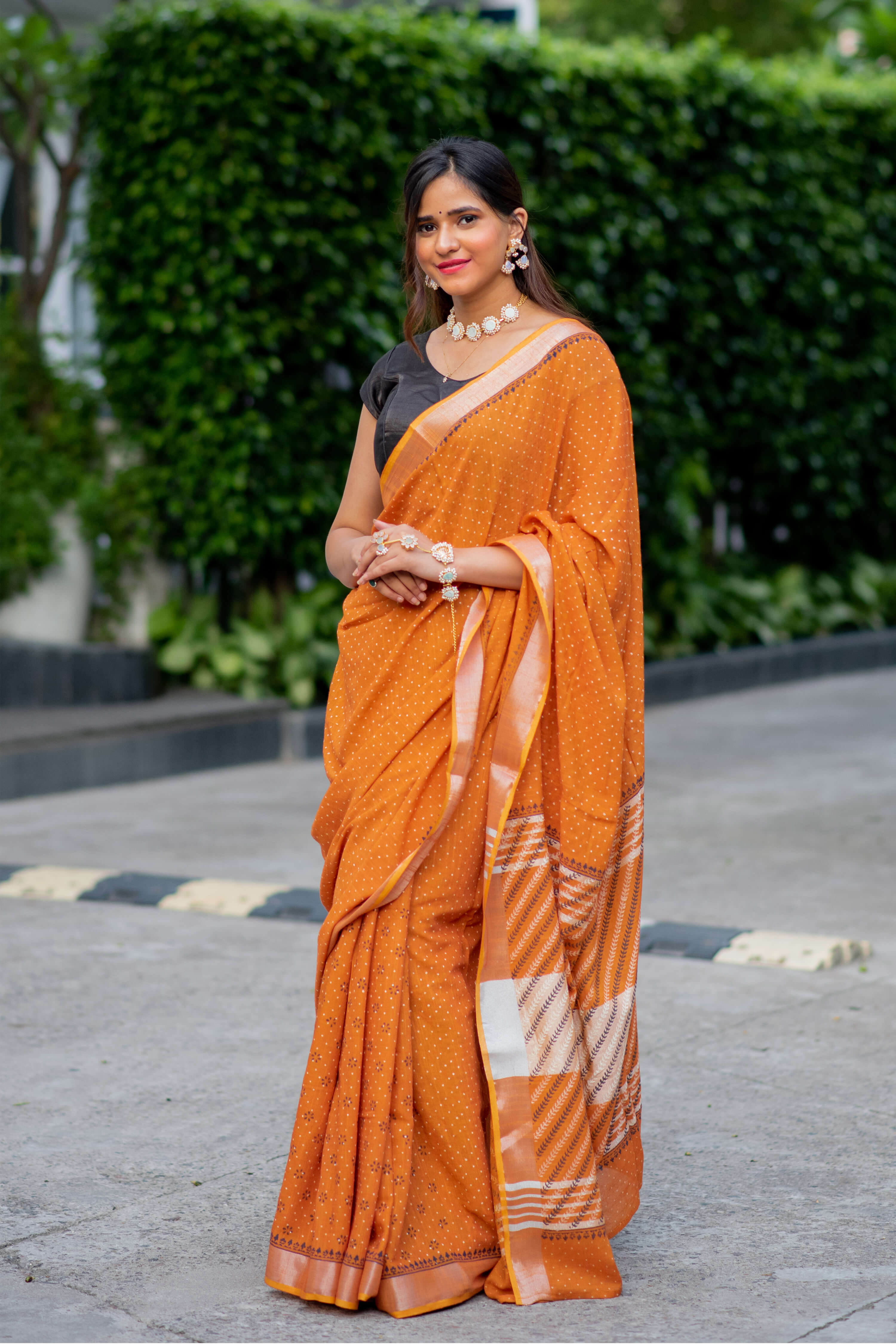 Cinnamon Light Cotton handblock print Saree Prasamcrafts Handcrafted Festive Workwear Dailywear