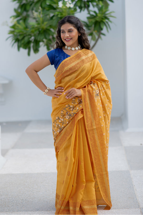Amber Florals Chanderi Handblock print Saree Prasamcrafts Handcrafted Festive Workwear Dailywear