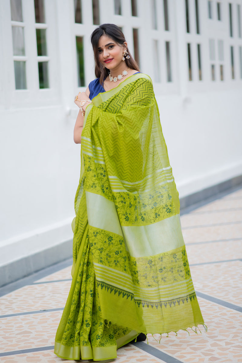 Lime Gush Cotton handblock print Saree Prasamcrafts Handcrafted Festive Workwear Dailywear