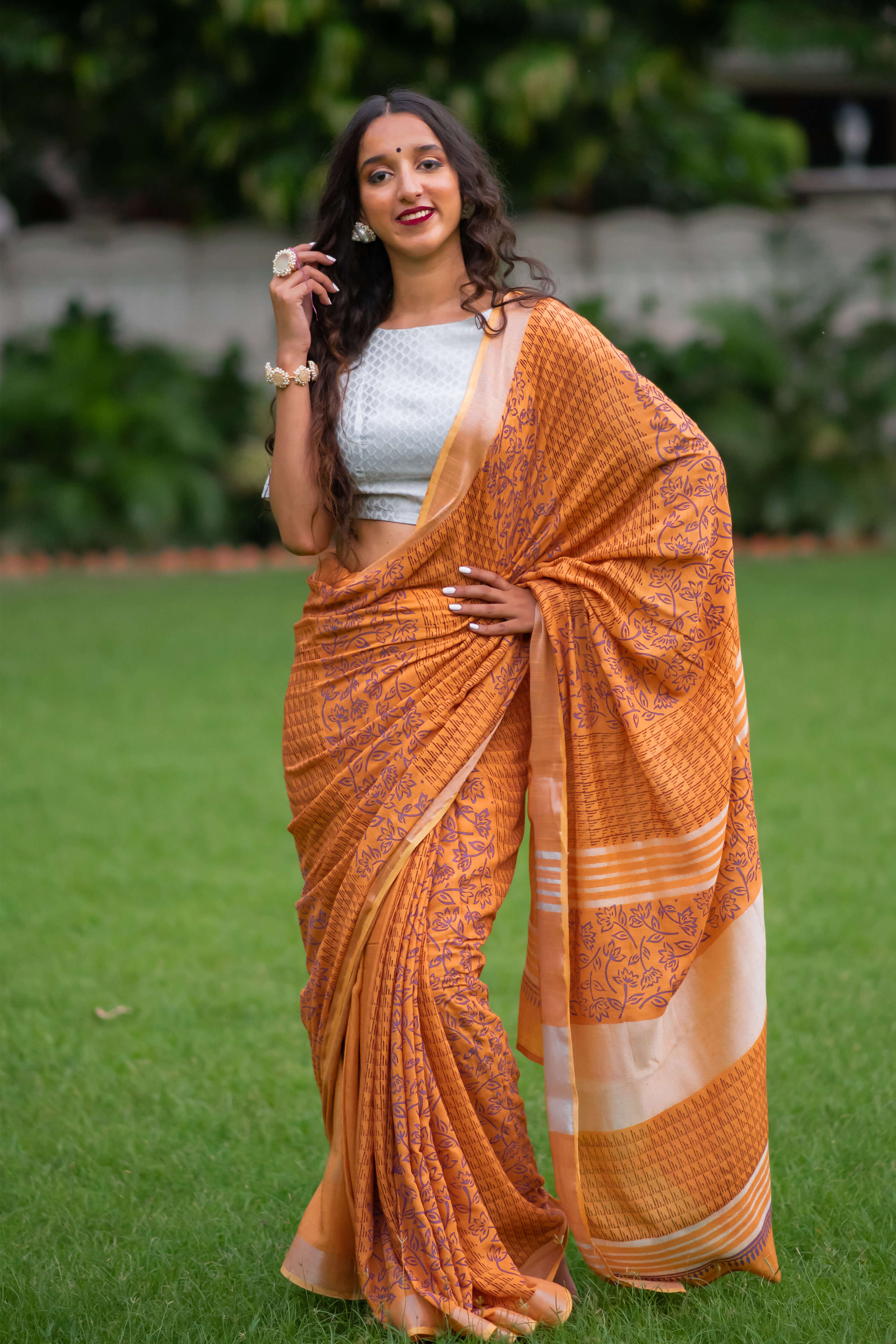 Salmon Strike Cotton handblock print Saree Prasamcrafts Handcrafted Festive Workwear Dailywear