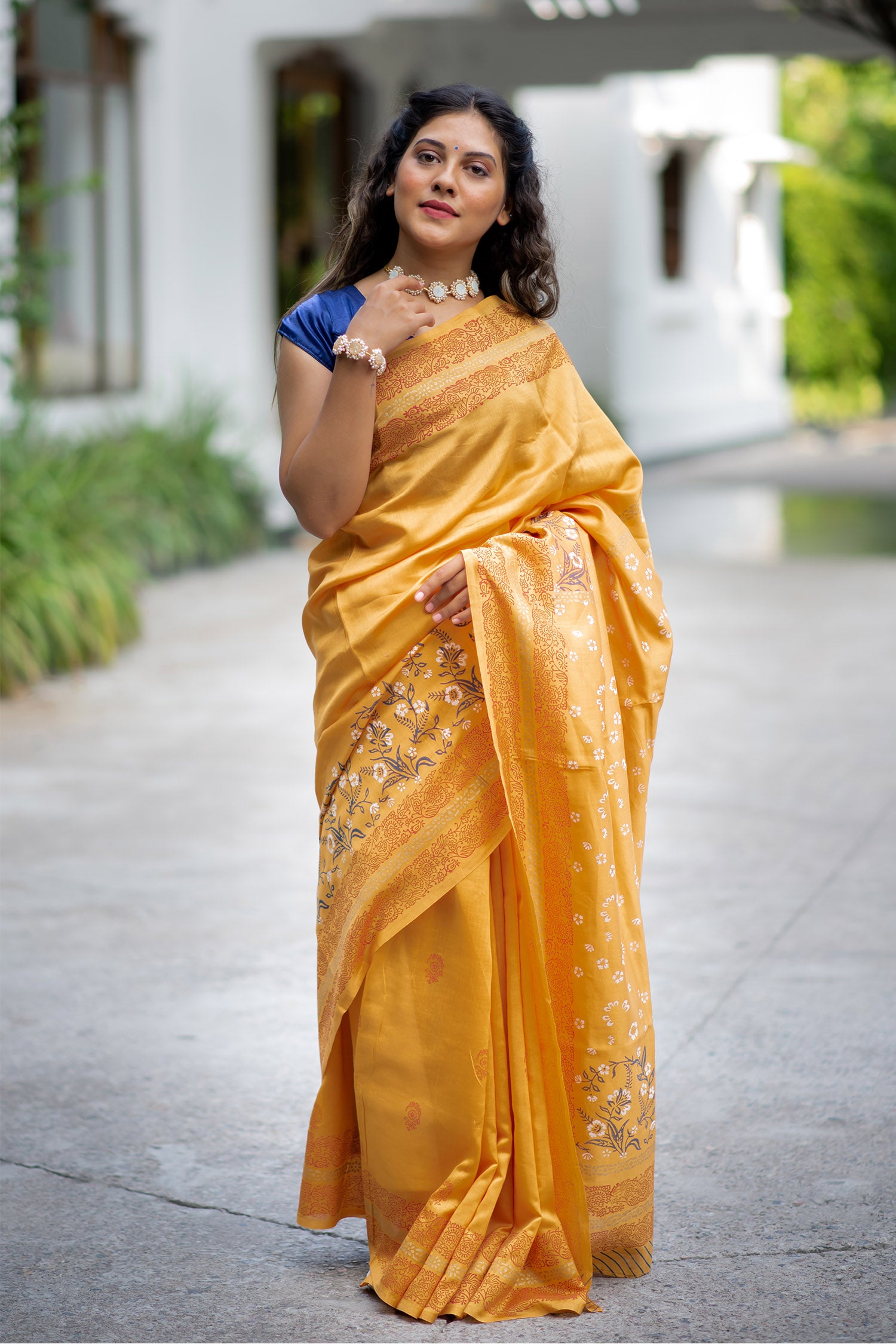 Amber Florals Chanderi Handblock print Saree Prasamcrafts Handcrafted Festive Workwear Dailywear