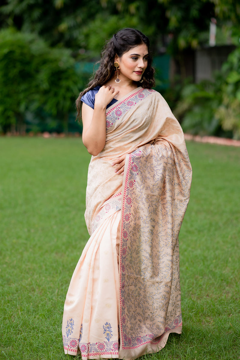 Cream Foliage Chanderi Handblock Print Saree Prasamcrafts Handcrafted Festive Workwear Dailywear