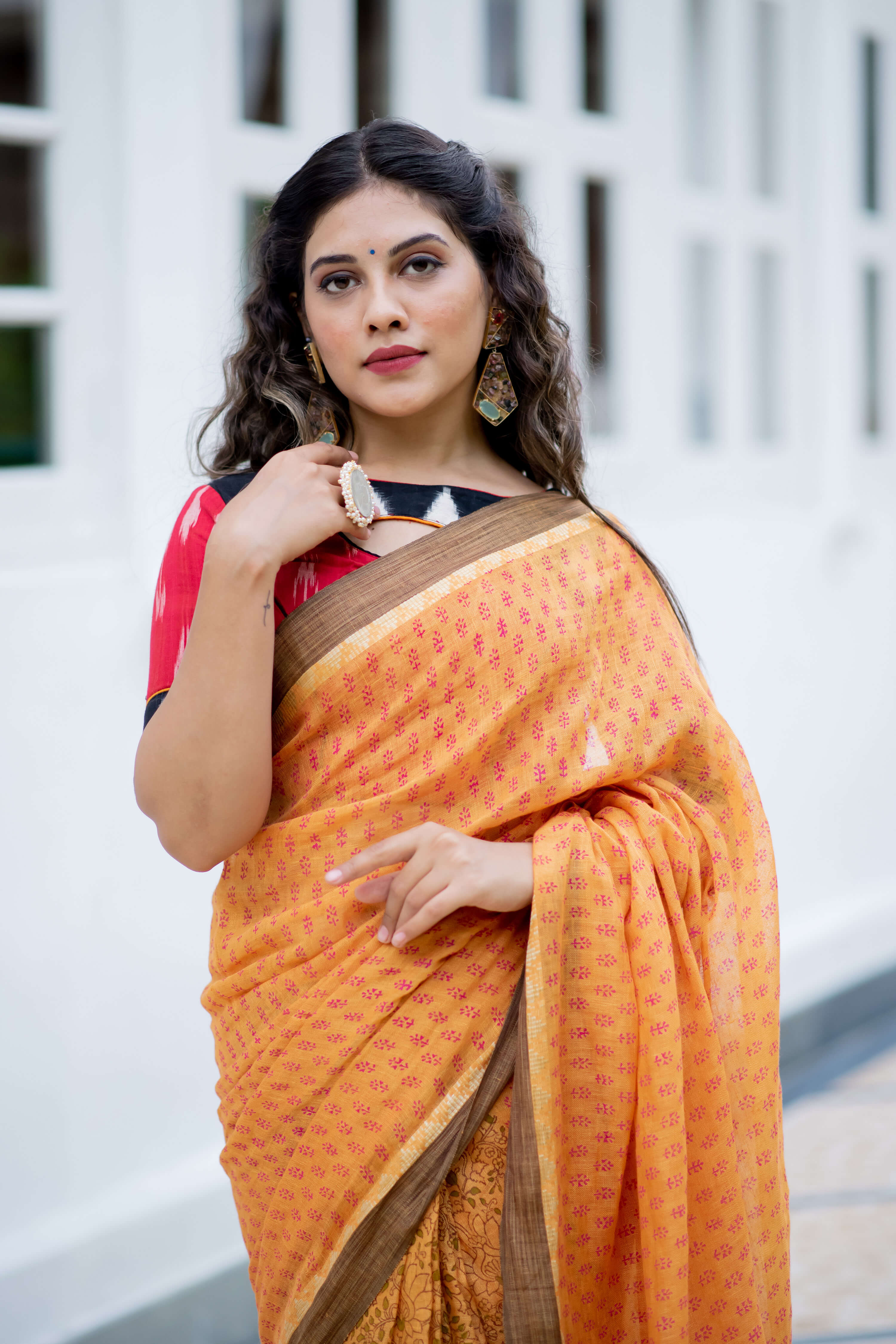 Summer Sunset Linen Handblock print Saree Prasamcrafts Handcrafted Festive Workwear Dailywear