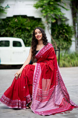   Vital Red Cotton Handwoven Saree Prasam Crafts