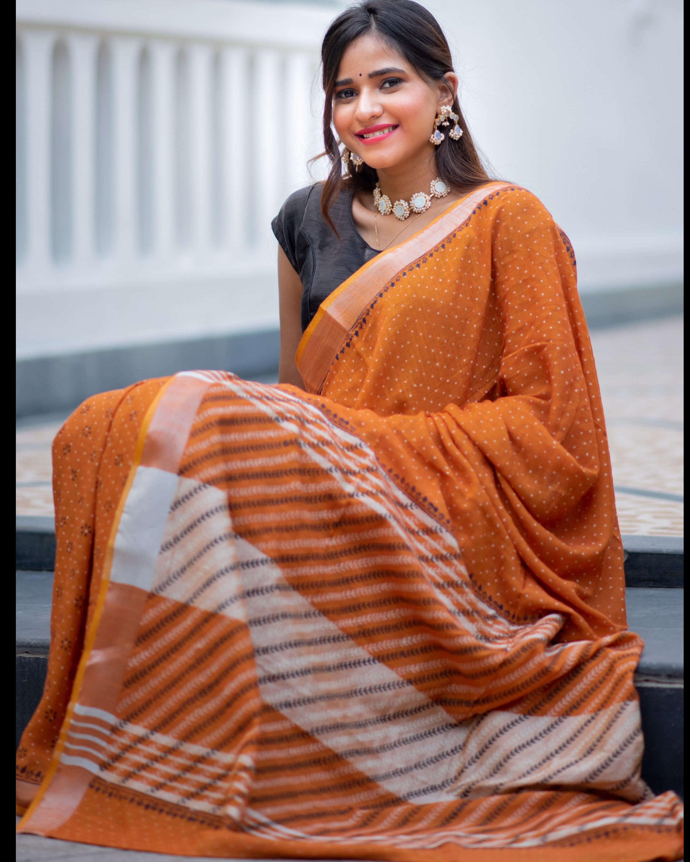 Cinnamon Light Cotton handblock print Saree Prasamcrafts Handcrafted Festive Workwear Dailywear