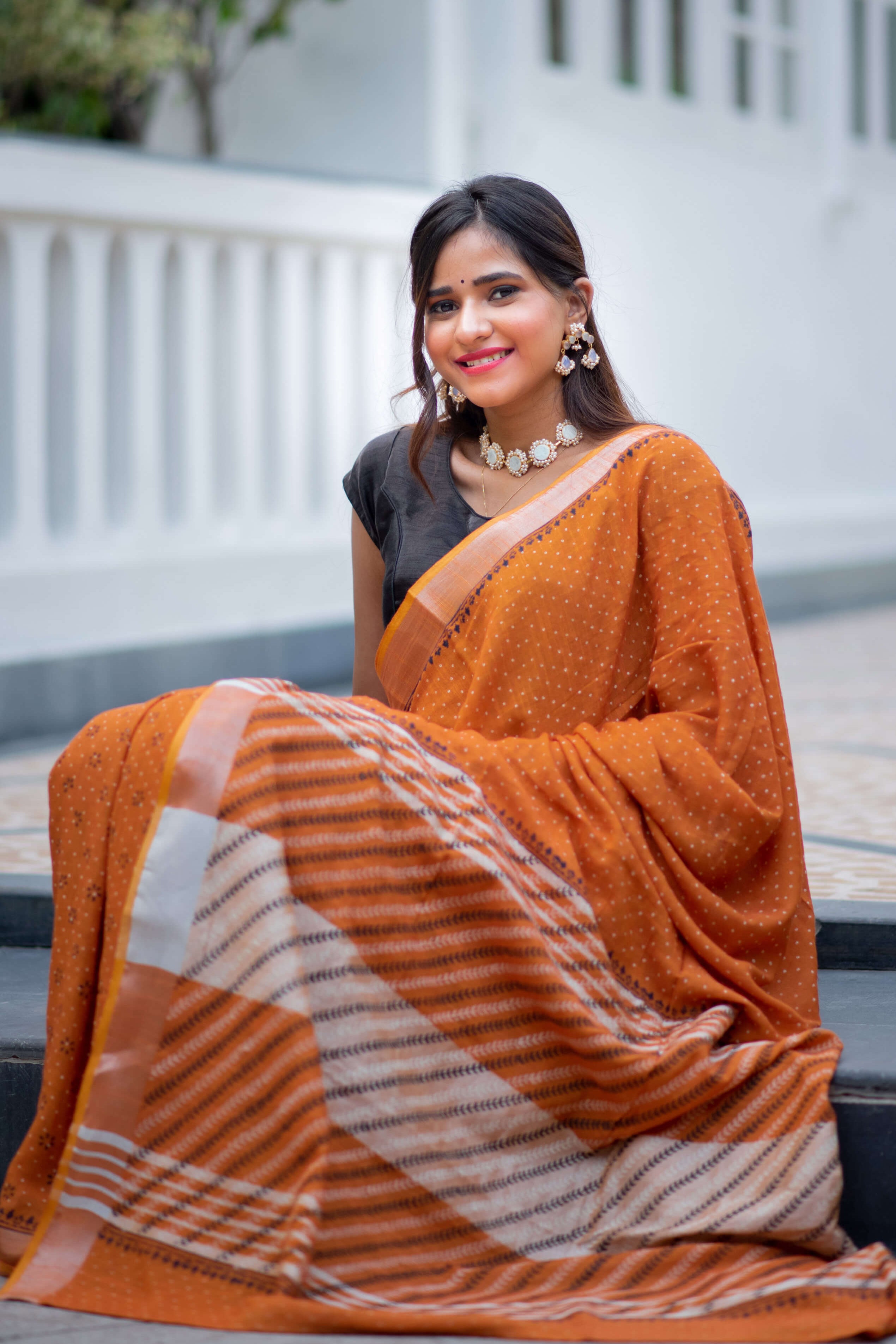 Cinnamon Light Cotton handblock print Saree Prasamcrafts Handcrafted Festive Workwear Dailywear