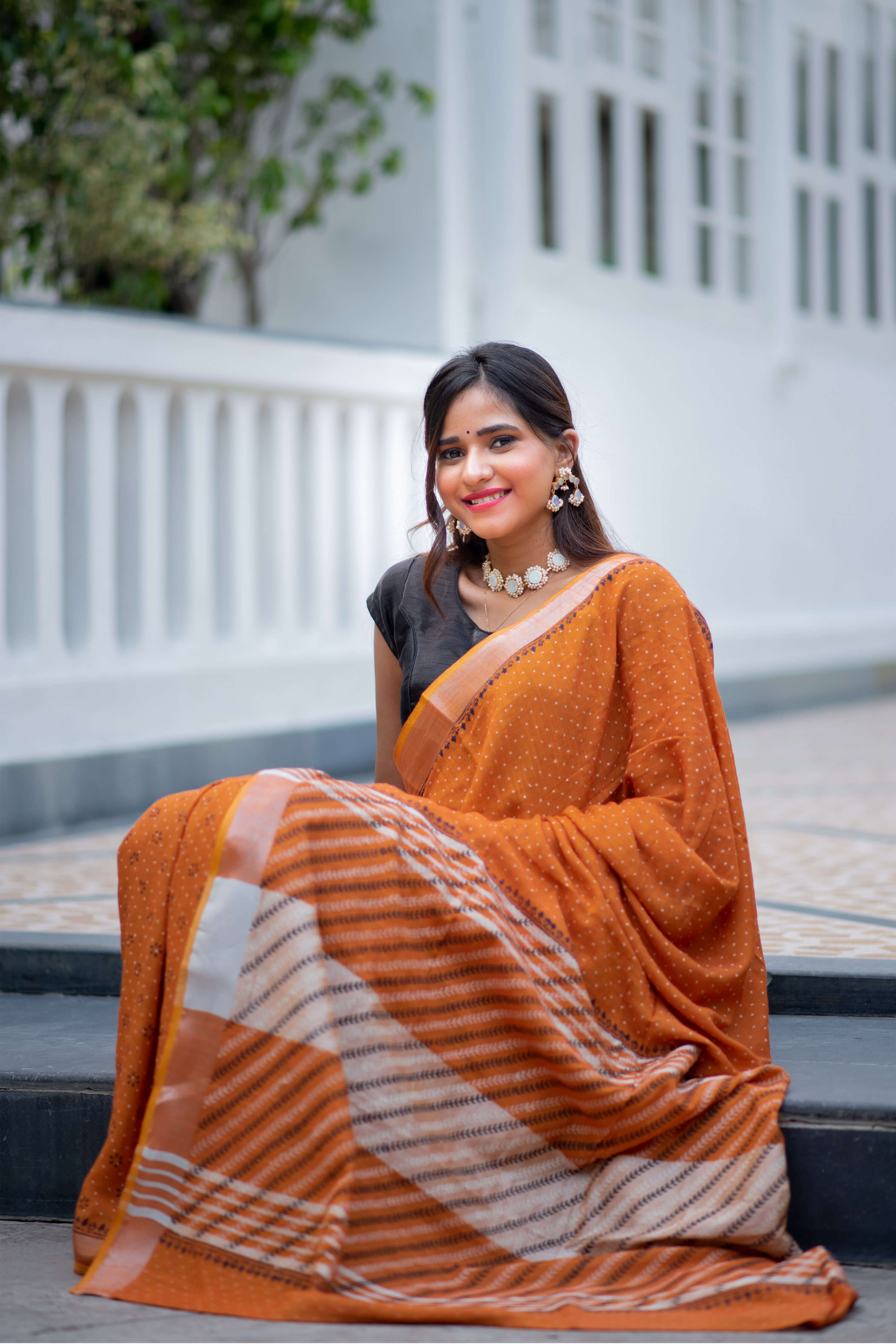 Cinnamon Light Cotton handblock print Saree Prasamcrafts Handcrafted Festive Workwear Dailywear