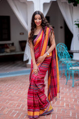 Crimson Color Clash Cotton Handwoven Saree Prasamcrafts Handcrafted Festive Workwear Dailywear