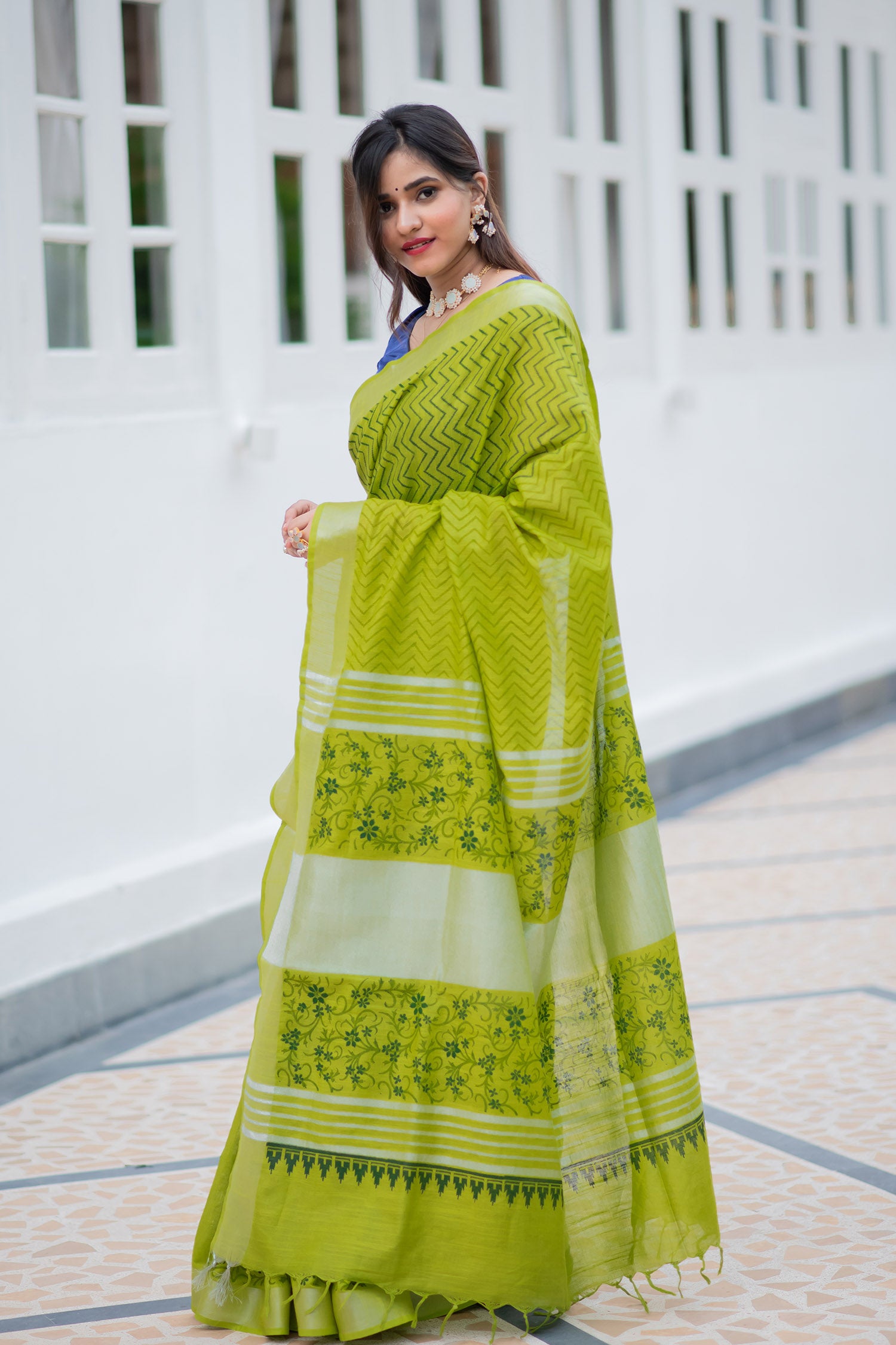 Lime Gush Cotton handblock print Saree Prasamcrafts Handcrafted Festive Workwear Dailywear