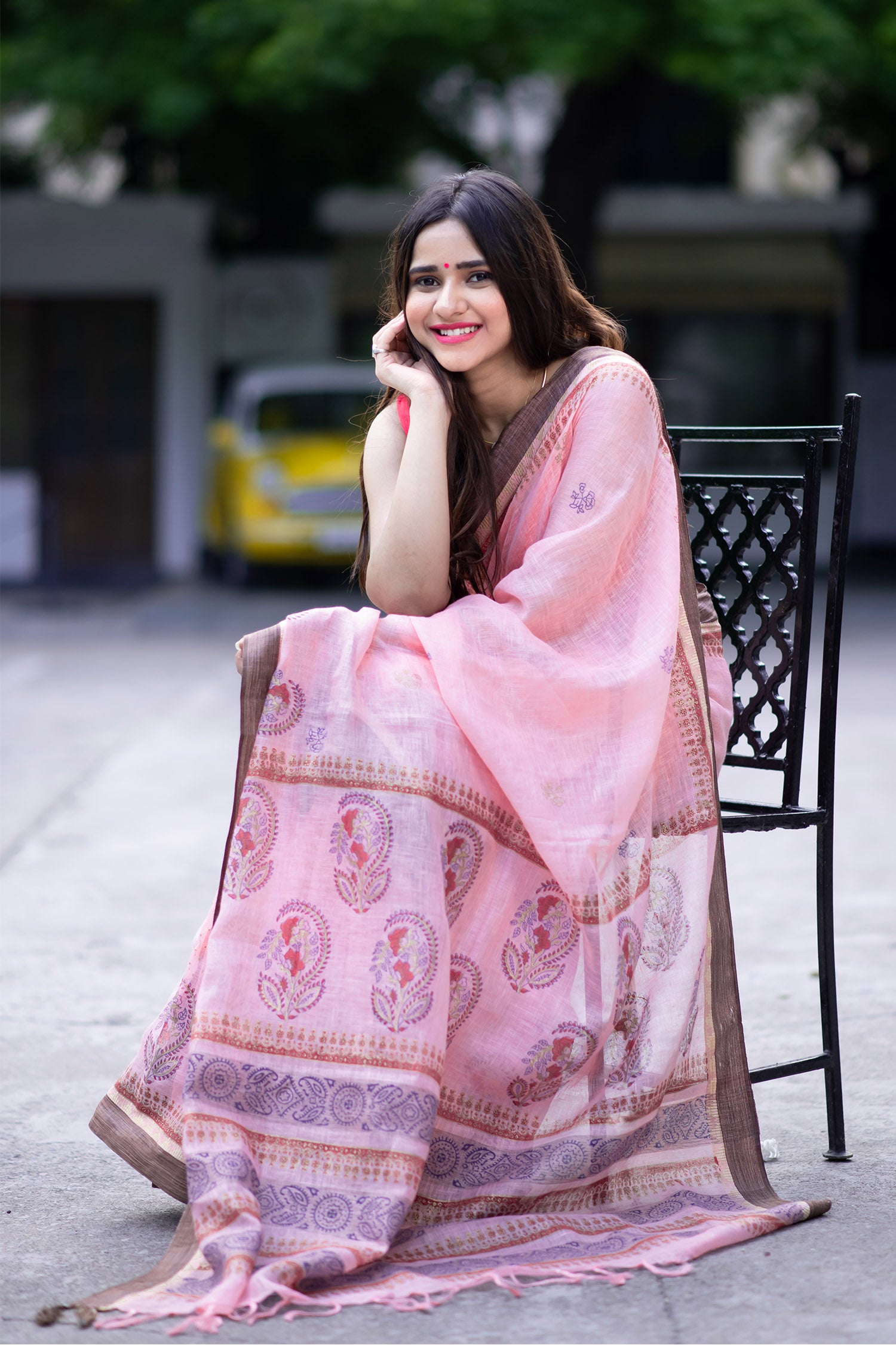 Gentle Jazz Linen handblock print Saree Prasamcrafts Handcrafted Festive Workwear Dailywear