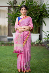 Hearty Pink Linen Jamdani weave Handwoven Saree Prasamcrafts Handcrafted Festive Workwear Dailywear