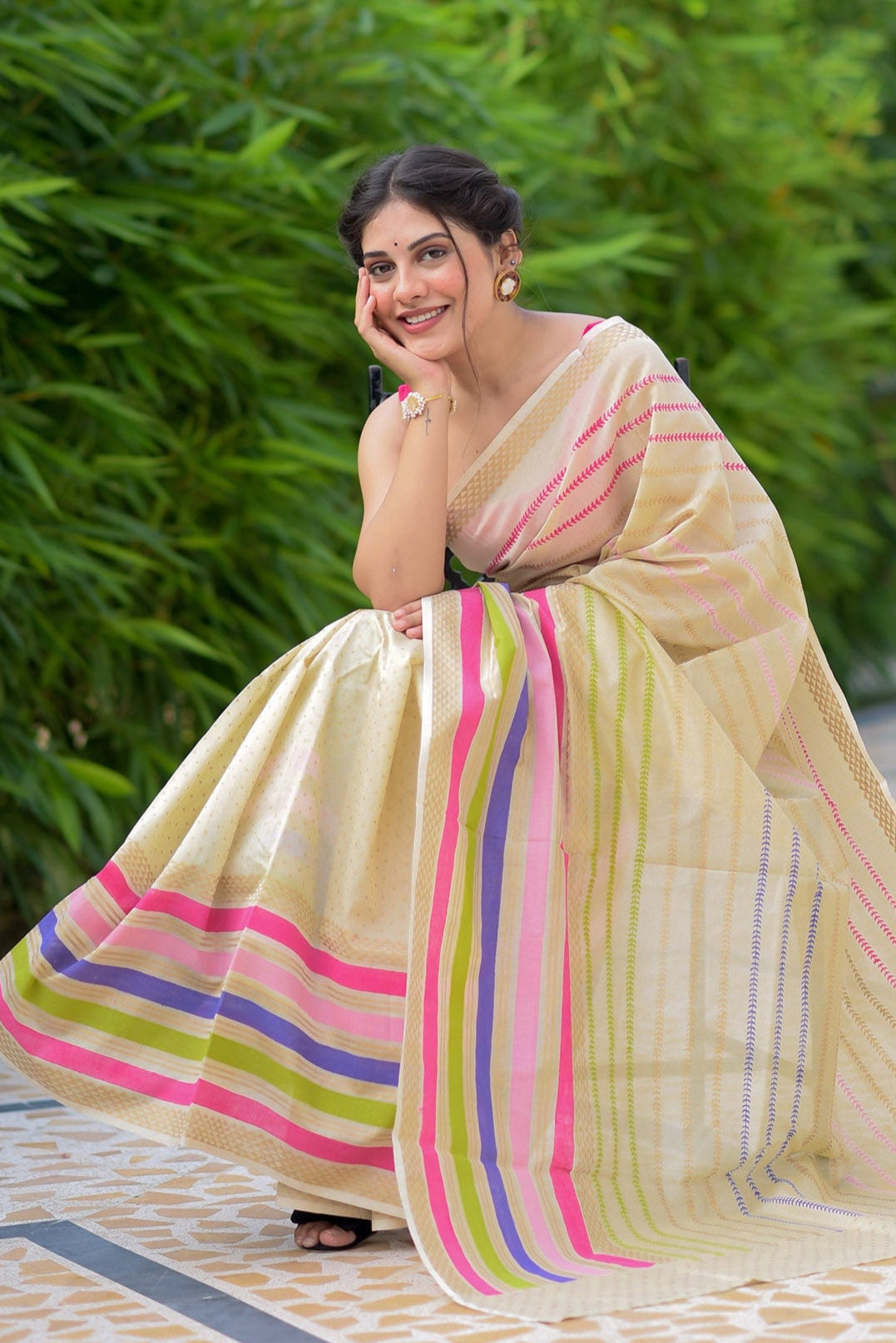Sweet Stripes Chanderi Handblock Print Saree Prasamcrafts Handcrafted Festive Workwear Dailywear