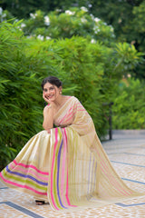 Sweet Stripes Chanderi Handblock Print Saree Prasamcrafts Handcrafted Festive Workwear Dailywear