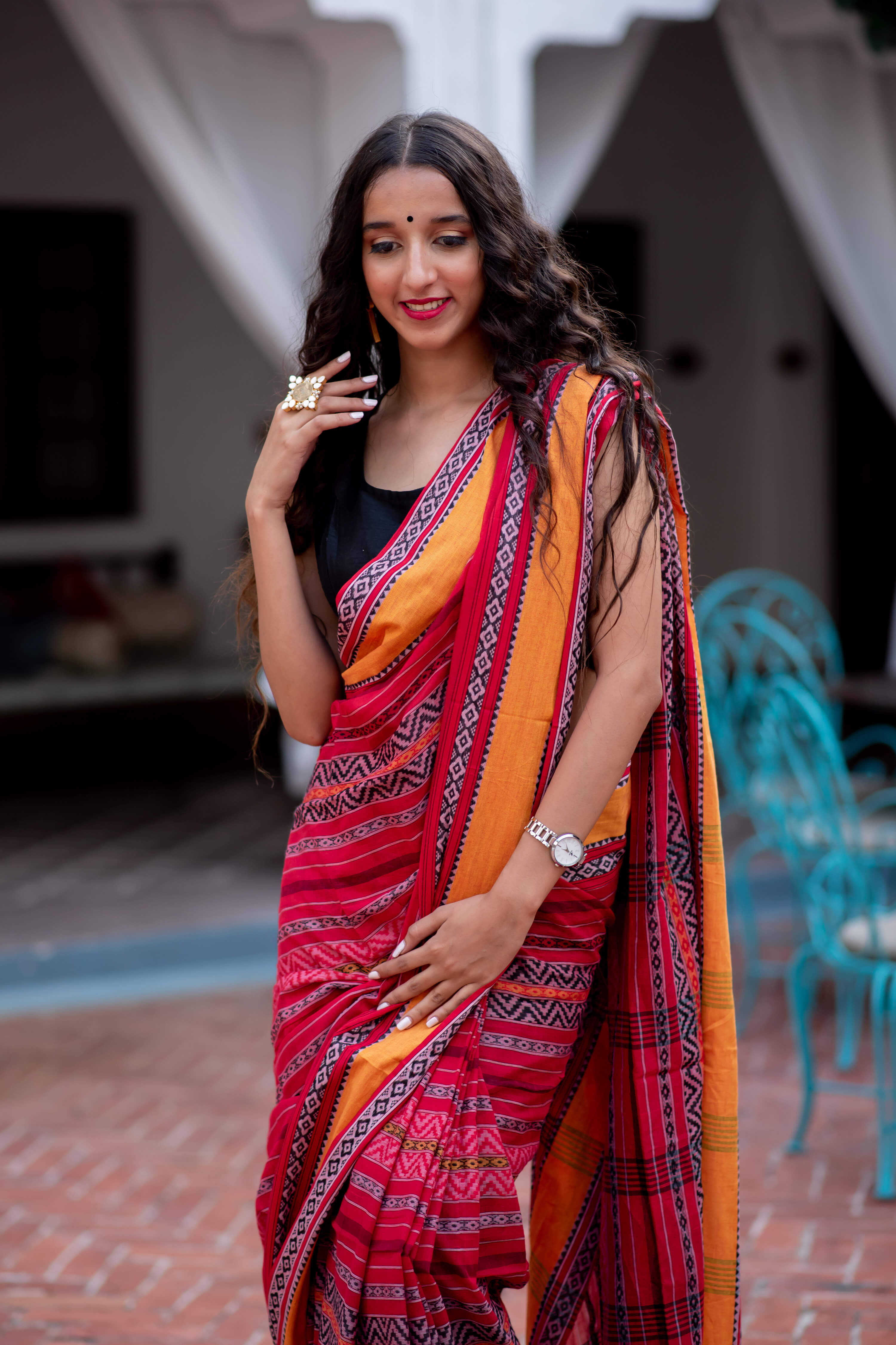 Crimson Color Clash Cotton Handwoven Saree Prasamcrafts Handcrafted Festive Workwear Dailywear