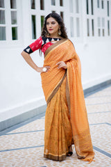 Summer Sunset Linen Handblock print Saree Prasamcrafts Handcrafted Festive Workwear Dailywear