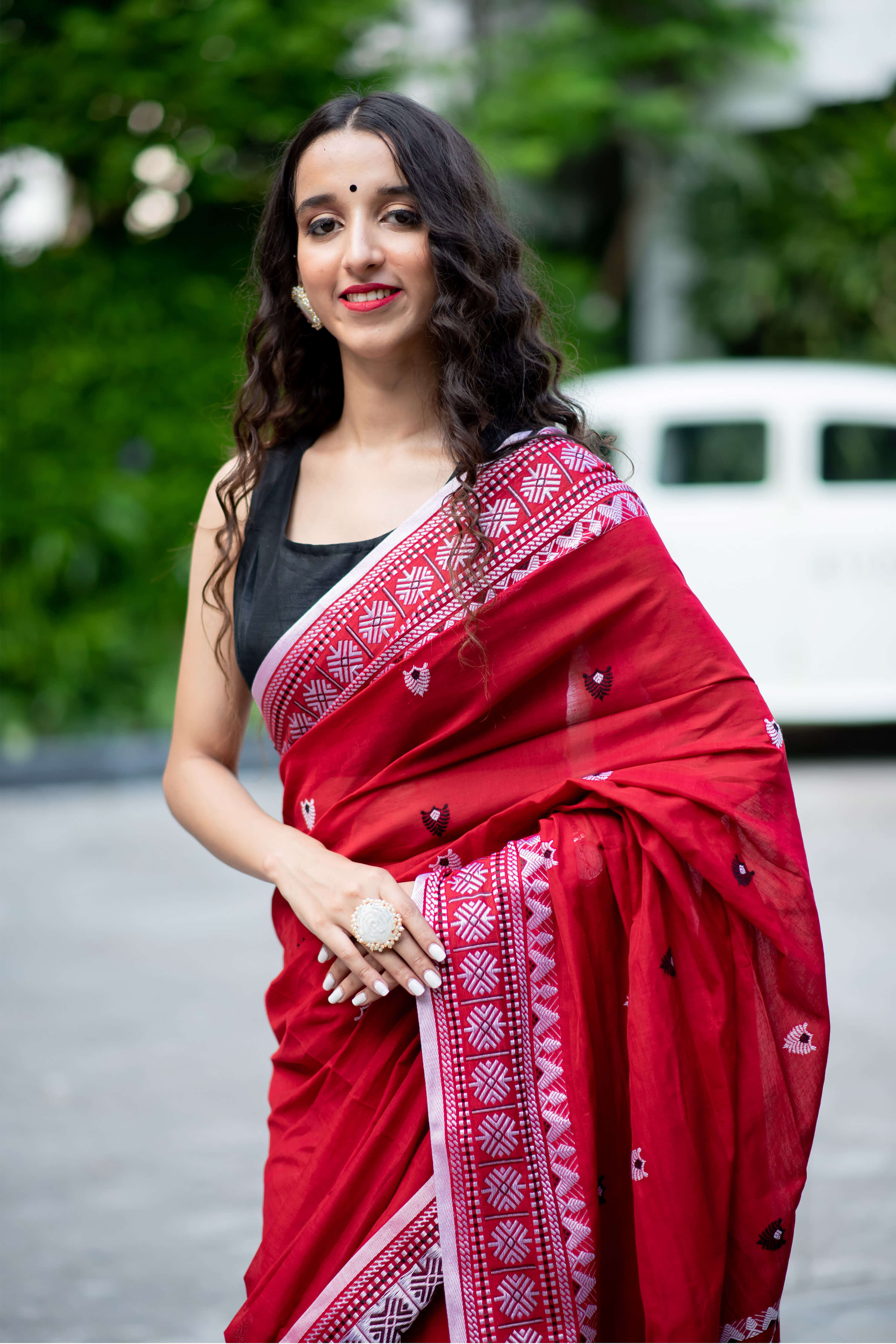   Vital Red Cotton Handwoven Saree Prasam Crafts